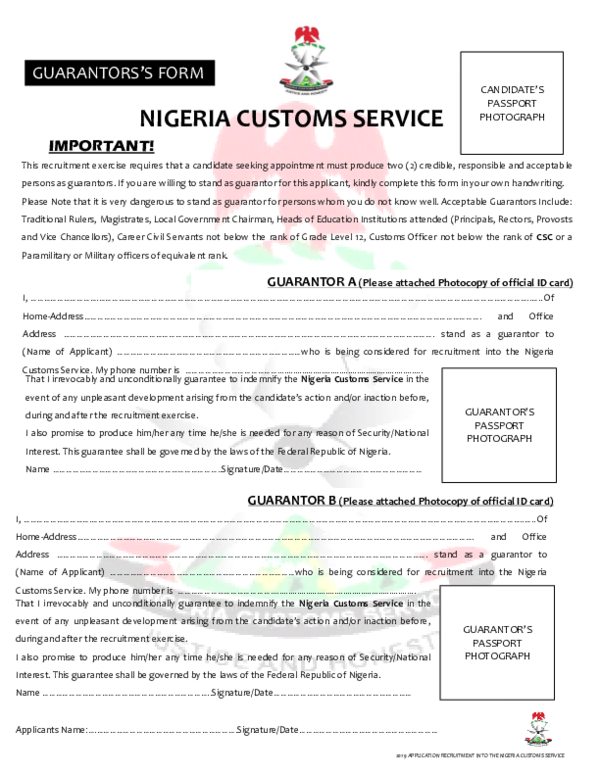 Nigeria Customs Service Guarantor Form 2025/2026 | Download NCS Referee Form PDF